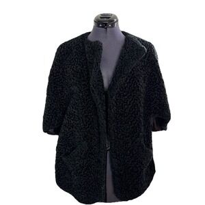Vintage 50s Curly Persian Lamb Capelet Stole Wrap Black Elegant Pockets